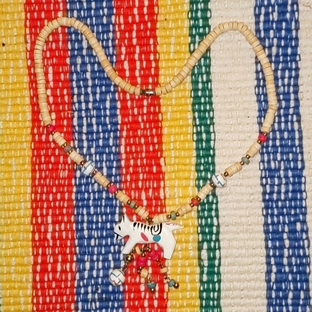 Boho White Cat Animal‎ Pendant Beaded Necklace Wooden Beads Dangle Charms